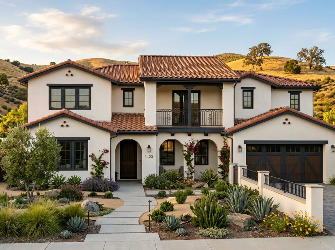 Freshly painted Spanish-style home in Santa Clarita with white stucco and charcoal trim